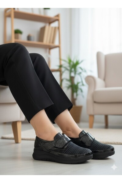 uway Women's Genuine Leather Full Orthopedic Laser Pattern Embroidered Bone Protruding Comfortable Mother Shoes