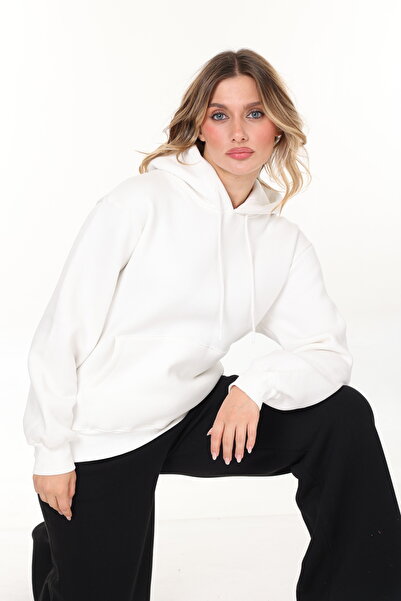 HEDEF DAİSY Women's Top Clothing Three Thread Sh Fleece-Lined Kangaroo Pocket K Hooded Unisex O Oversized Sweatshirt