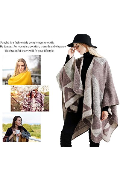 EXCEFORE Women's Reversible Oversized Poncho Shawl Wrap - Open Front, Warm