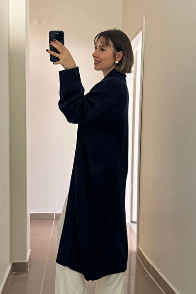 Kubos Moda Shawl Collar Long Fleece-Lined Navy Blue Cardigan