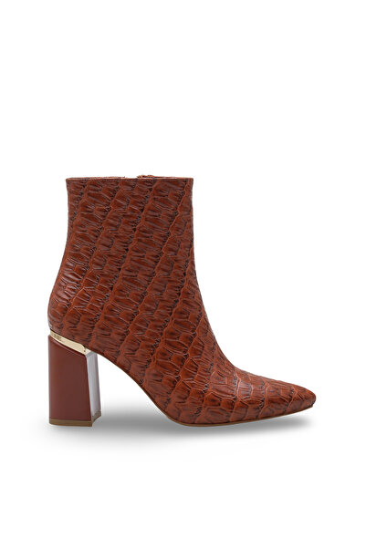 Women Lay-z Women's Tan Crocodile Pointed Toe Boots, 8.5 cm Heel, Stylish, Modern, and Powerful Style with Gold Detail.