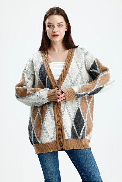 dgs look Colorful Fleece-Lined Diamond Patterned Oversized Button Knitwear Women's Cardigan Biscuit