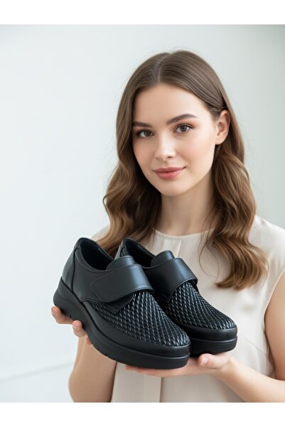 uway Women's Genuine Leather Full Orthopedic Laser Pattern Embroidered Bone Protruding Comfortable Mother Shoes