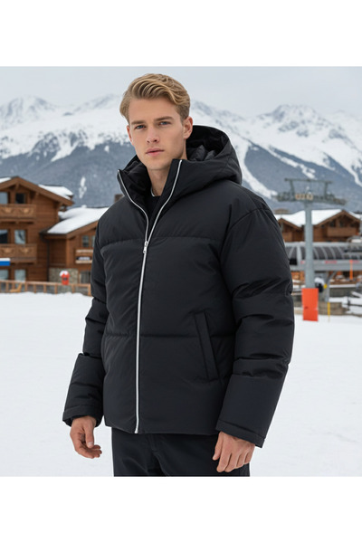 GAREN ERKEK SİYAH KAPÜŞONLU OVERSİZE MONT KABAN CEKET GÜMÜŞ FERMUAR