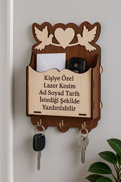 Home Kişiye Özel Ahşap Duvar Anahtarlık ve Faturalık -Lazer Yazılı Posta Düze...