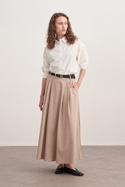 EBU Prive Women's Gabardine Double Pleated Skirt Beige