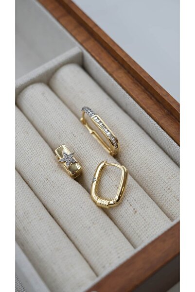 Jerie Gold Yıldız Detay Üçlü Halka Küpe Seti