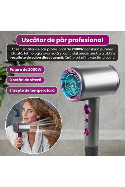 PROUDANKA Professional Hair Dryer 2000W, 40,000 RPM, 3 Temps, 3 Speeds, Gray