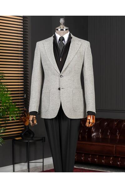 TerziAdemAltun Italian Style S Slim Fit Mono Collar Wool Men's Single Jacket Gray T14953