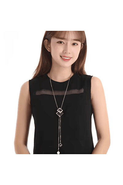 CRM Elegant women's necklace CRM, gold chain with grey square pendant, 75 cm