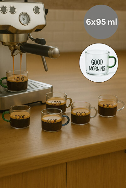 Nesto Home Good Morning Yazılı Renkli Kulplu 6'lı Cam Espresso Bardağı Seti