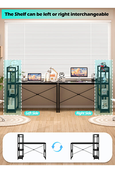 Bangiga Study Desk with Bookshelf, Office Table with Storage Shelves,Carbon Fiber Desktop Computer Desk