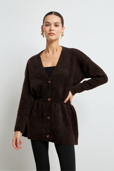 Yefrastore Women's Bitter Brown Gold Button Detailed Soft Cardigan