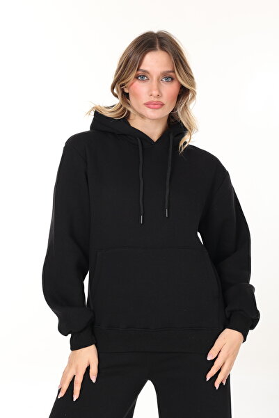 HEDEF DAİSY Γυναικεία μπλούζα μαύρο χρώμα με τρεις κλωστές Σ επένδυση fleece ...