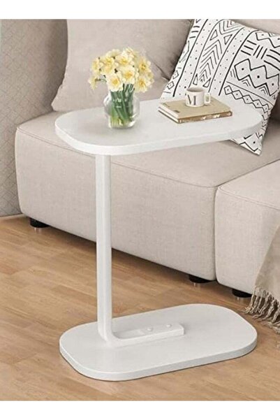 Taimi Modern coffee table | C-shaped side table with a white wooden top and white metal frame, 63x30x45 cm
