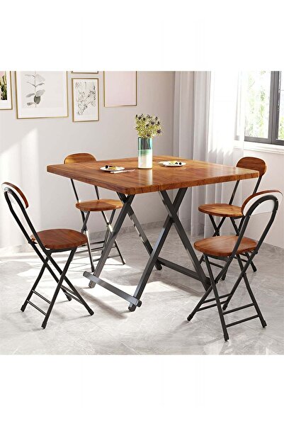 Taimi Folding Dining Table 80x80x74cm with Wooden Top & Metal Legs, Portable Table with a Modern Brown