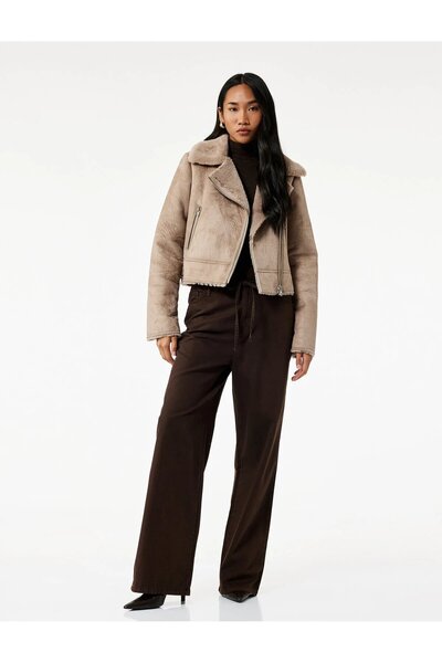 Koton Kruvaze Yaka Uzun Kollu Fermuarlı Cepli Suni Kürk Yaka Crop Suni Süet Ceket 6WAK20126EW
