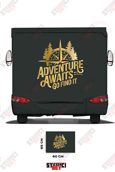 STİCKERCI BEY ملصق مركبة التخييم مع تصميم بوصلة وعبارة 'المغامرة تنتظر، اذهب ...