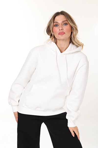 HEDEF DAİSY Women's Top Clothing Three Thread Sh Fleece-Lined Kangaroo Pocket K Hooded Unisex O Oversized Sweatshirt