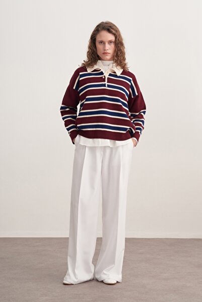 EBU Prive Women's Striped Collar Knitwear Sweater Burgundy