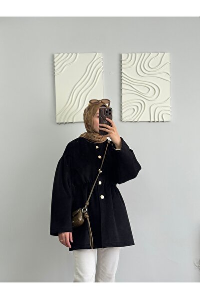 ESLEM Kadın Siyah Oversize Gold Düğmeli Beli Büzgülü Astarlı Kaşe Görünümlü Ceket / Kısa Kaban