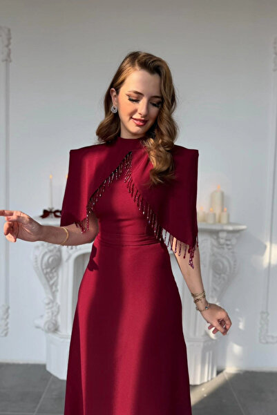 HELİS BUTİK Special Design Burgundy Evening Dress with Stone Work Detail