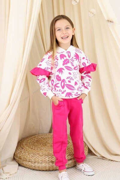 Yalçınoğlu Kids Girl's Hooded Piece Tracksuit Set Pink Patterned Bottom Top Set 3-9 Years Old