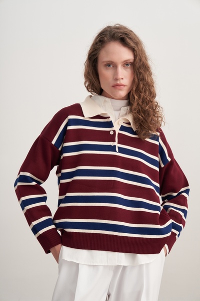 EBU Prive Women's Striped Collar Knitwear Sweater Burgundy