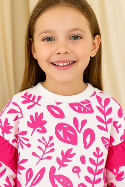 Yalçınoğlu Kids Girl's Hooded Piece Tracksuit Set Pink Patterned Bottom Top Set 3-9 Years Old