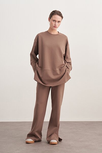 EBU Prive Дамски шал с аксесоари, изработен от интерлок, в цвят кафе