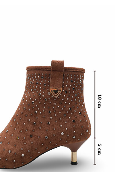 Women Lay-z Women's Tan Suede Pointed Toe 5 cm Heeled, Stylish Boots with Sparkling Stone Detail — Elegance and Comfort in One.