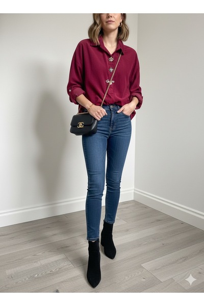 Miss BuBu Collection Kadın İtalyan Royal Broşlu Kadife Gömlek