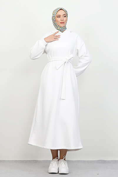 Lamia Giyim Şardonlu Cepli Elbise Beyaz