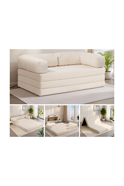 pavellium home Flexi Puzzle 180x80 Krem 5’i1 Katlanır Çift Kişilik Kanepe-Yatak – Peluş, Çekmeli, Kolçaklı