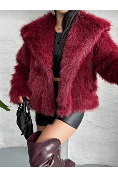 ECK MODA Women's Inner Lined Pocketed Wide Collar Fur Coat