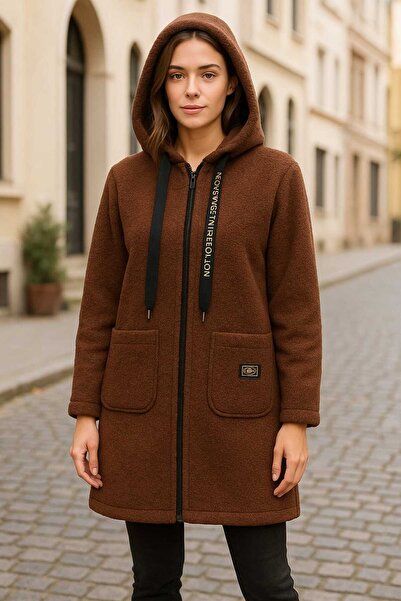 ECK MODA Γυναικείο παλτό με φερμουάρ με διπλή τσέπη πάνω από το γόνατο από βελούδινη τσόχα