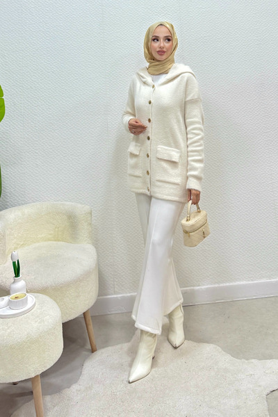 Tesettür Diyarı Carel Gold Buttoned Hooded Pocket Cardigan - Cream Standard (...