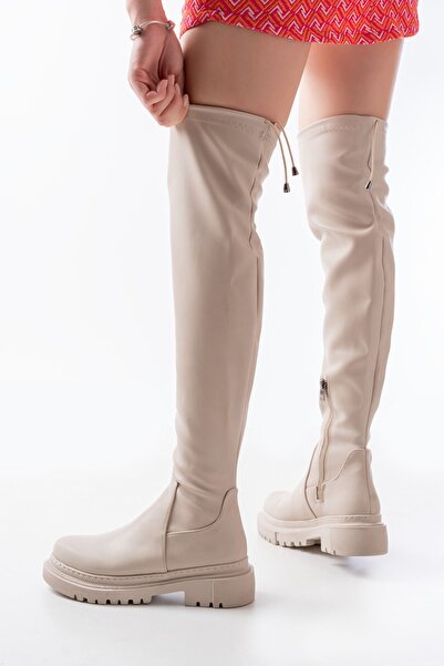 Budi 812-2194 Beige Zippered Over-The-Knee Lace-Up Socks Daily Women's Boots