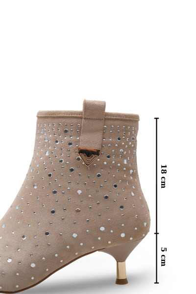 Women Lay-z Women's Beige Suede Pointed Toe 5 cm Heel Modern Stone Detailed Stylish Ankle Boots