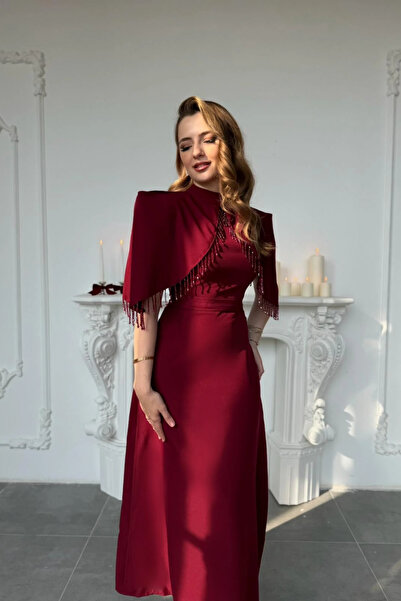 HELİS BUTİK Special Design Burgundy Evening Dress with Stone Work Detail
