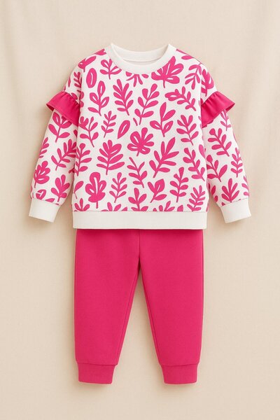 Yalçınoğlu Kids Girl's Hooded Piece Tracksuit Set Pink Patterned Bottom Top Set 3-9 Years Old