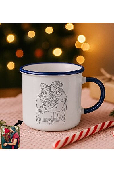 Bk Gift Kişiye Özel Line Art Çizimli Lacivert Emaye Kupa Bardak -1, Arkadaşa ...