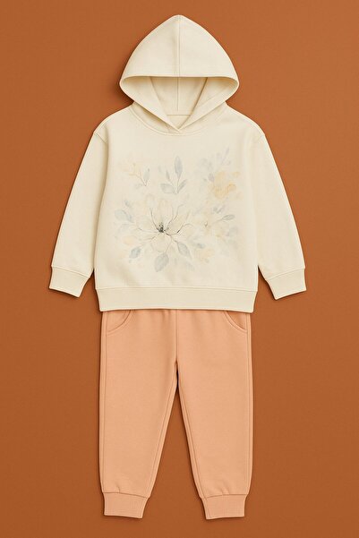 Yalçınoğlu Kids Girl's Hooded Piece Tracksuit Set Pink Patterned Bottom Top Set 3-9 Years Old