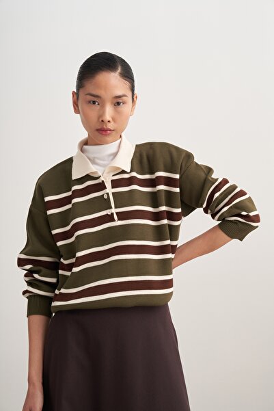 EBU Prive Women's Striped Collar Knitwear Sweater Khaki