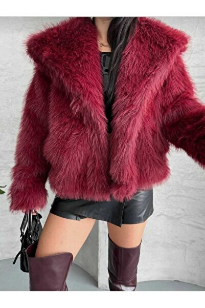 ECK MODA Women's Inner Lined Pocketed Wide Collar Fur Coat