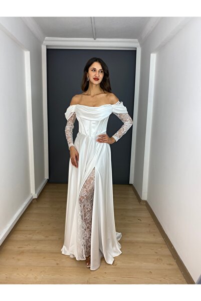 gökkuşagı moda Beyaz Saten Kayık Yaka Uzun Kollu Dantel Detaylı Uzun Abiye El...