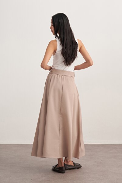 EBU Prive Women's Gabardine Belted Flared Skirt Beige