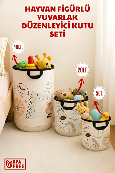 Nandy Home 3'lü Set Hayvan Figürlü Yuvarlak Düzenleyici Sepet - 5L / 20L / 40...