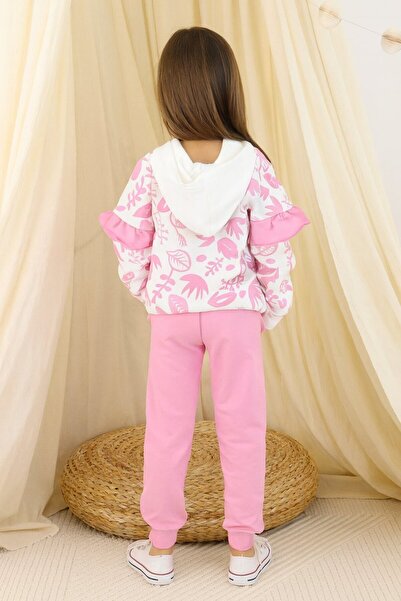 Yalçınoğlu Kids Girl's Hooded Piece Tracksuit Set Pink Patterned Bottom Top Set 3-9 Years Old