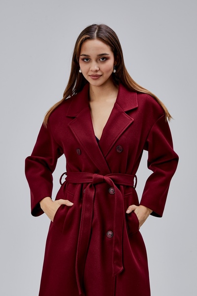 Bolivente Burgundy Double-Breasted Closure Waist-Tied Wide Fit Cashmere Coat